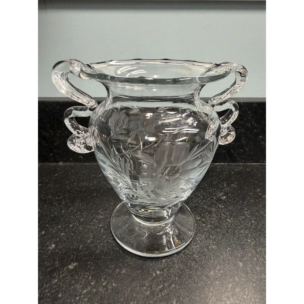 Vintage Bohemian Czech Hand Blown Etched Crystal Vase Urn 4 Handles 6.5